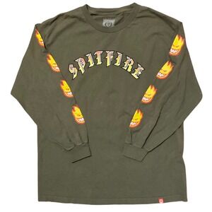 Spitfire Wheels Mens Large Olive Green Bighead Flame Long Sleeve Graphic T-Shirt